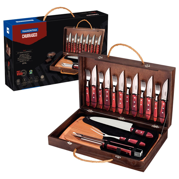 Kit para Asado con Utensilios Jumbo en Acero Inoxidable, Mango Rojo Polywood, con Tabla y Estuche de Madera, 17 Piezas